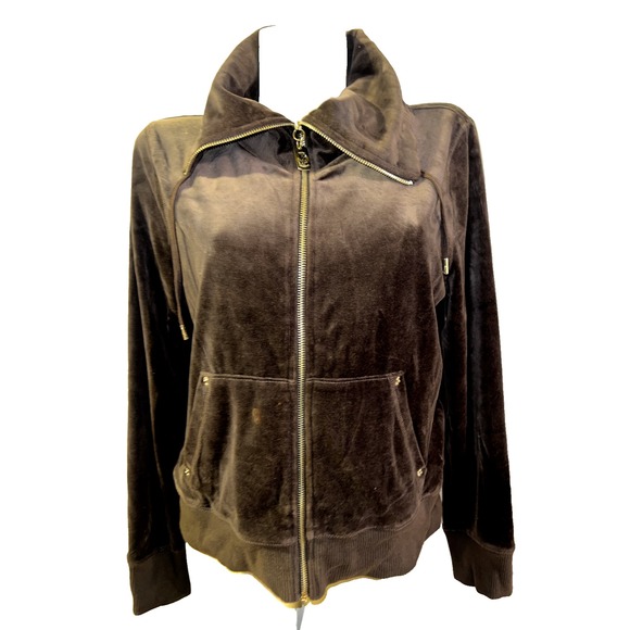 Michael Kors Tops - Michael Kors Womens Brown Velour Full Zip Funnel Neck Track Jacket Large MK Logo